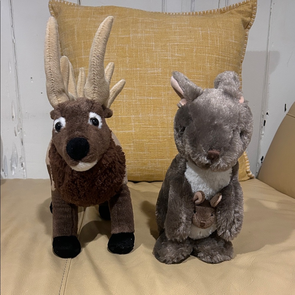 Lot of 2 Standing Elk and Kangaroo Adorable Plush Toys, Stuffed Animals 12"